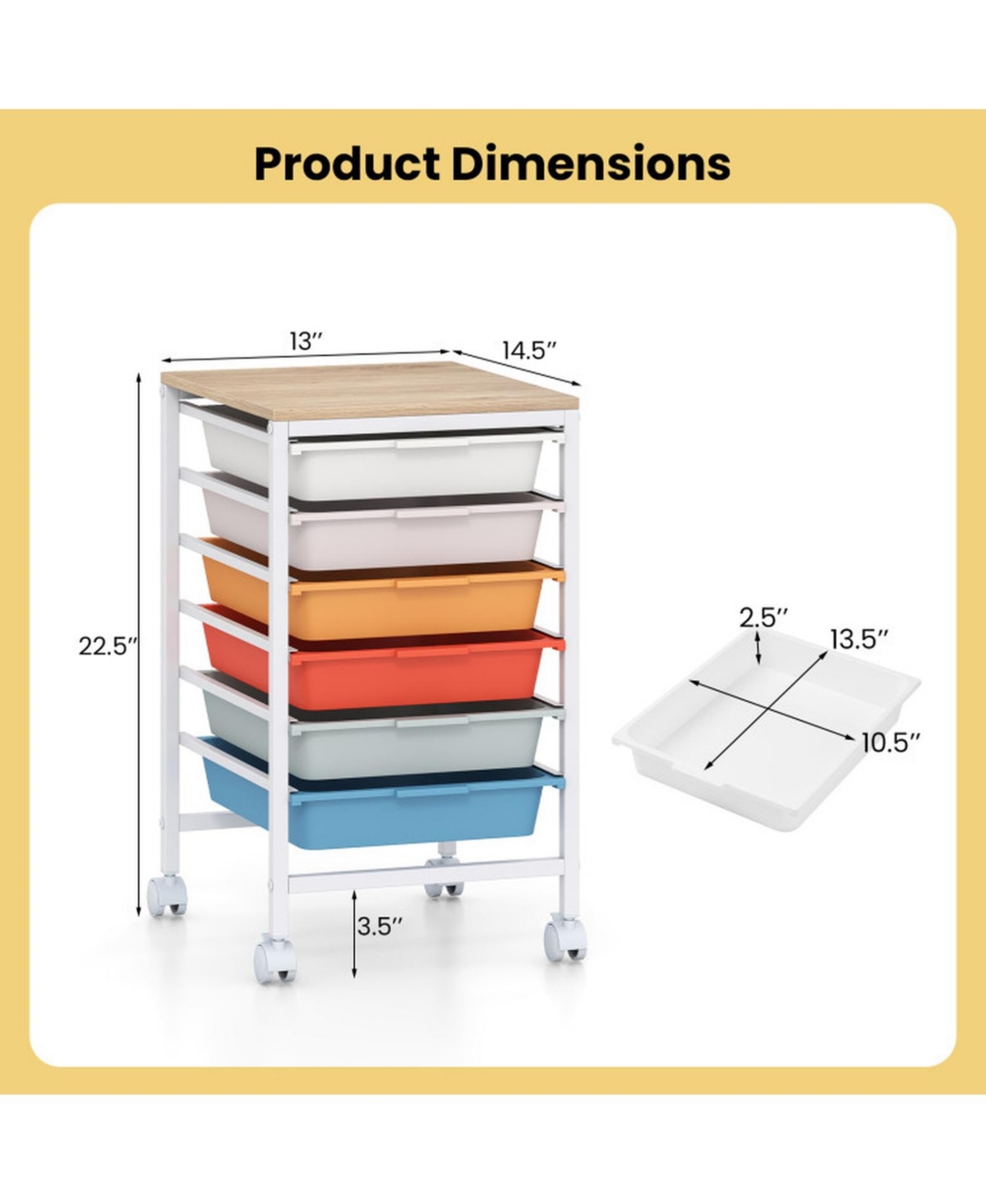 Sugift 6-Drawer Rolling Storage Cart with Wooden Tabletop and Lockable Swivel Casters