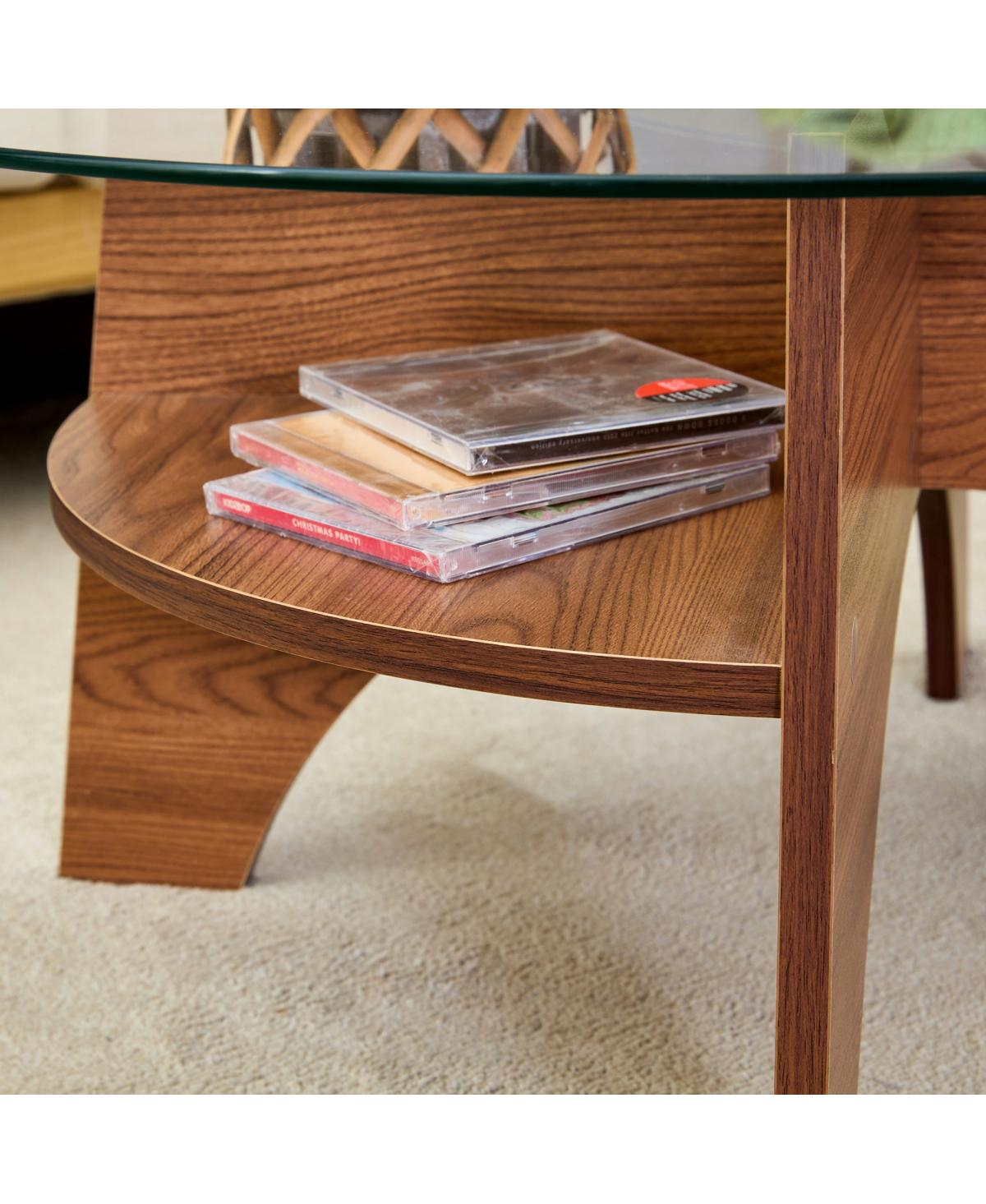Streamdale Furniture Round Tempered Glass Coffee Table, Walnut Grain Pedestal Base, 31.5