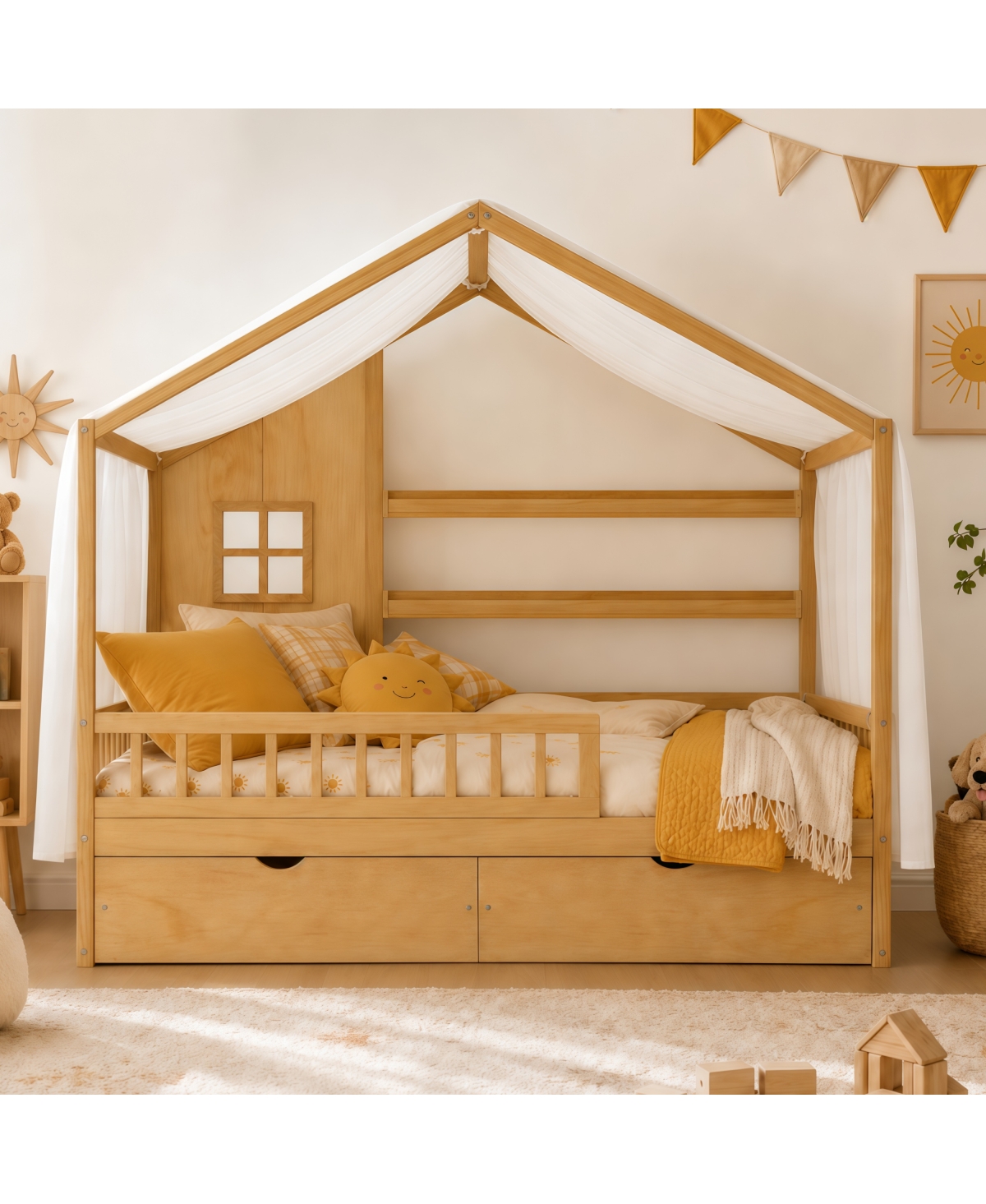 Streamdale Furniture Kids Twin Montessori Floor Bed with Roof, Curtains and Storage Drawers
