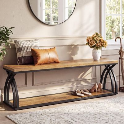 55" Wooden Entryway Bench, Metal Storage Bench,Industrial