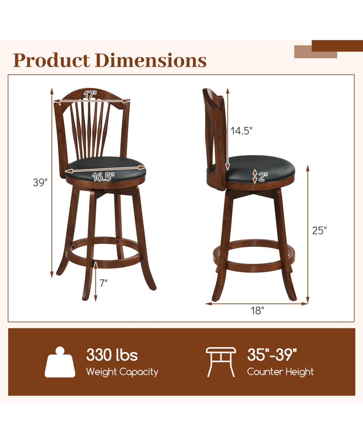 Set of 2 Swivel Bar Stools with Back Support