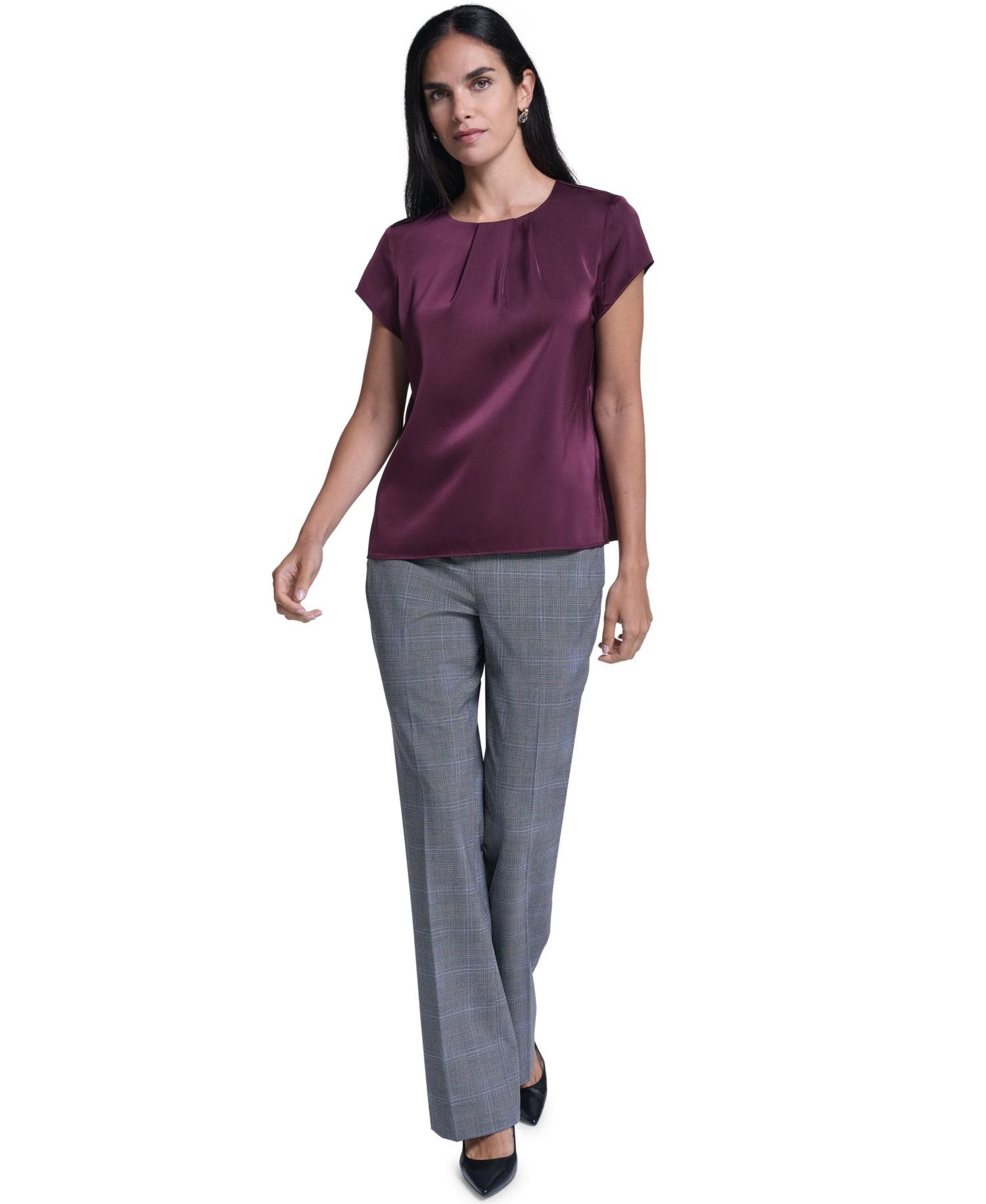 Women's Cap-Sleeve Crewneck Satin Blouse