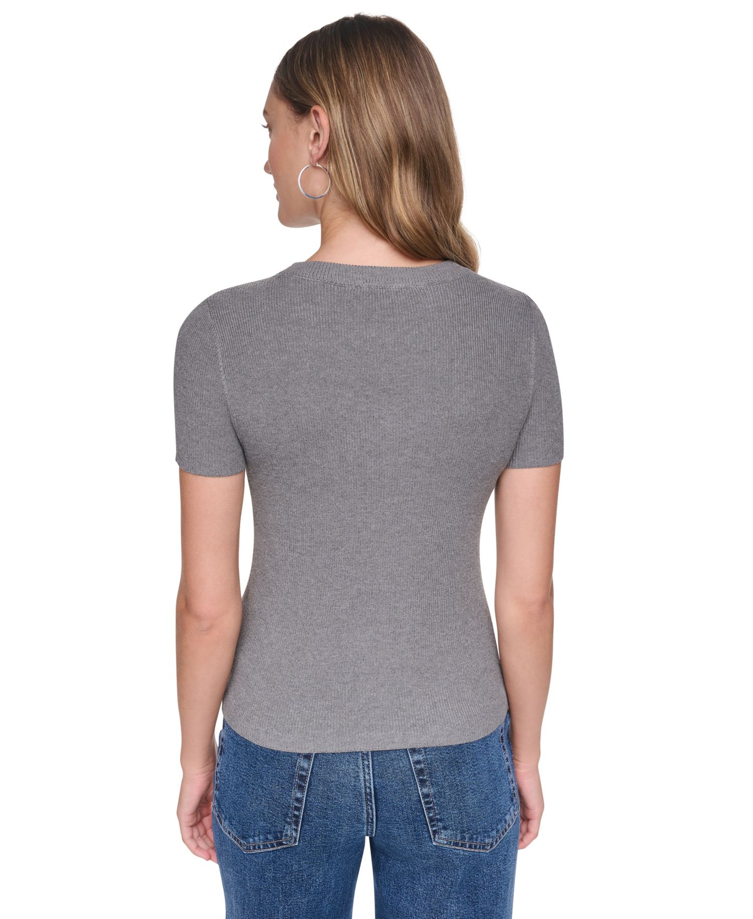 Women's Embellished Ribbed-Knit Short-Sleeve Crewneck Sweater