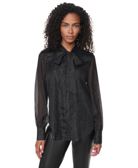 Женская блузка DKNY Petite Long-Sleeve Tie-Neck Button-Up Blouse, цвет: Чёрный