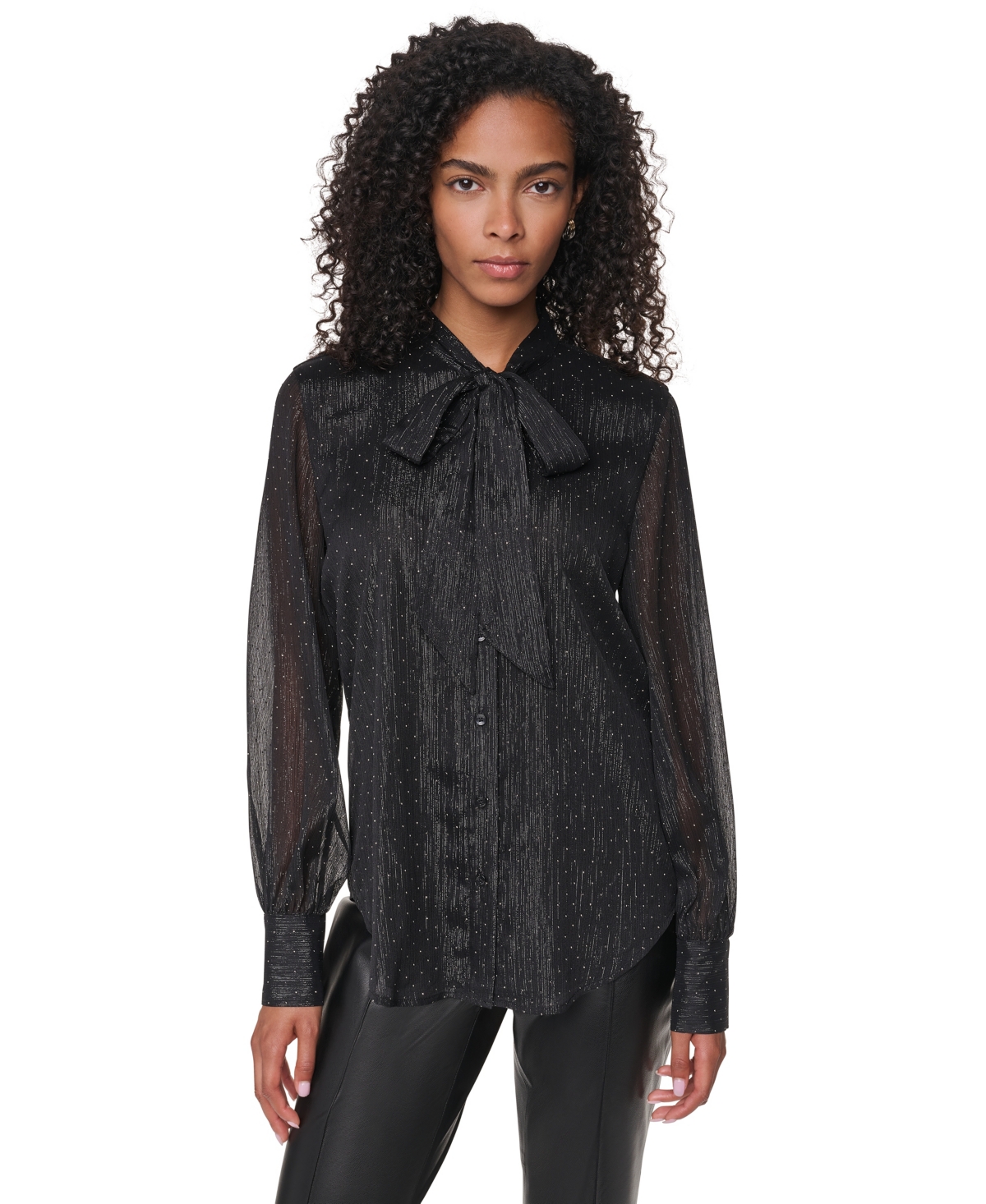 Dkny Petite Long-Sleeve Tie-Neck Button-Up Blouse