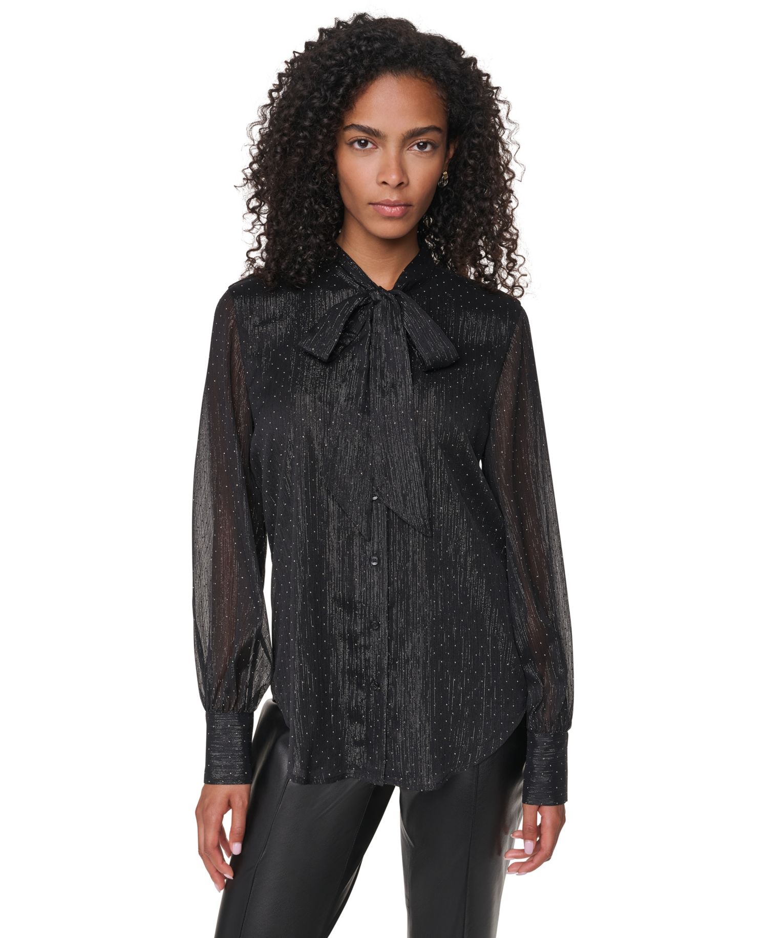 Petite Long-Sleeve Tie-Neck Button-Up Blouse