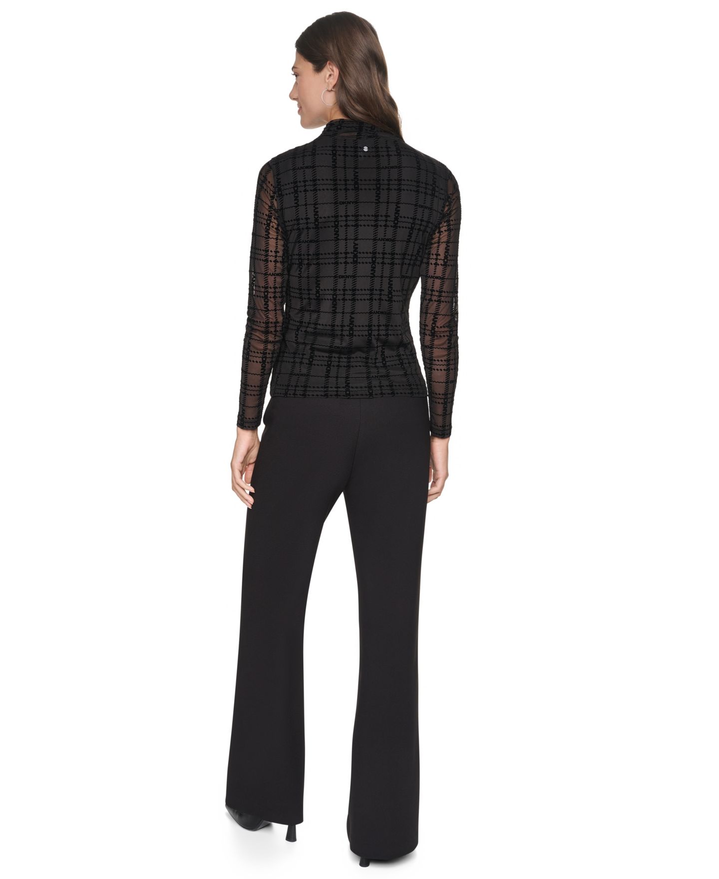 Женский топ DKNY Petite Mock Neck Long-Sleeve Flocked-Mesh Knit Top, цвет: Чёрный — фото 8