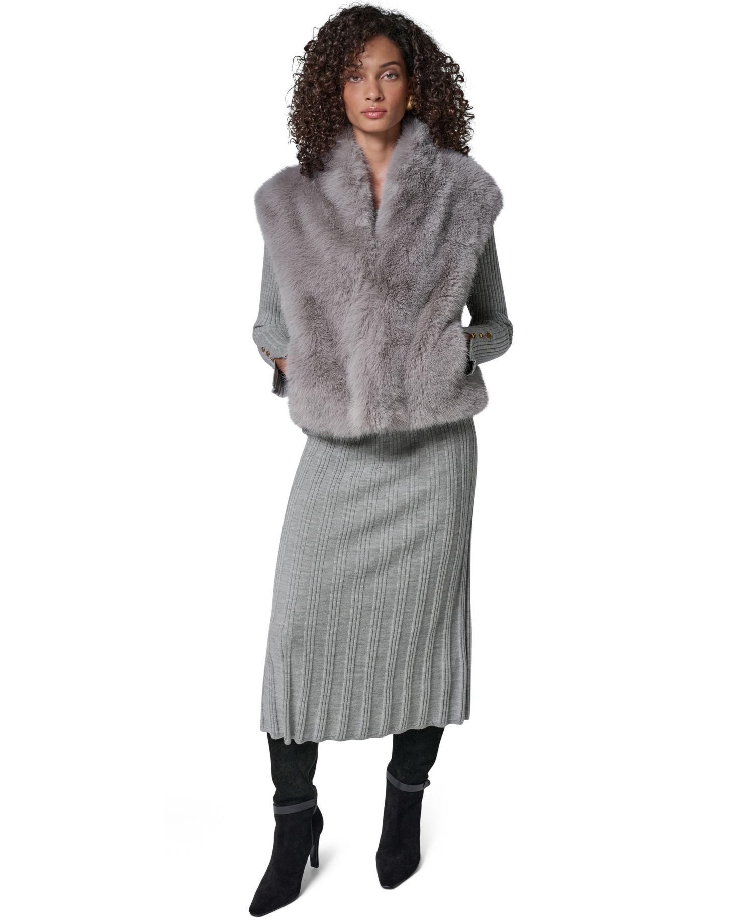 Petite Faux Fur Sleeveless Collared Vest