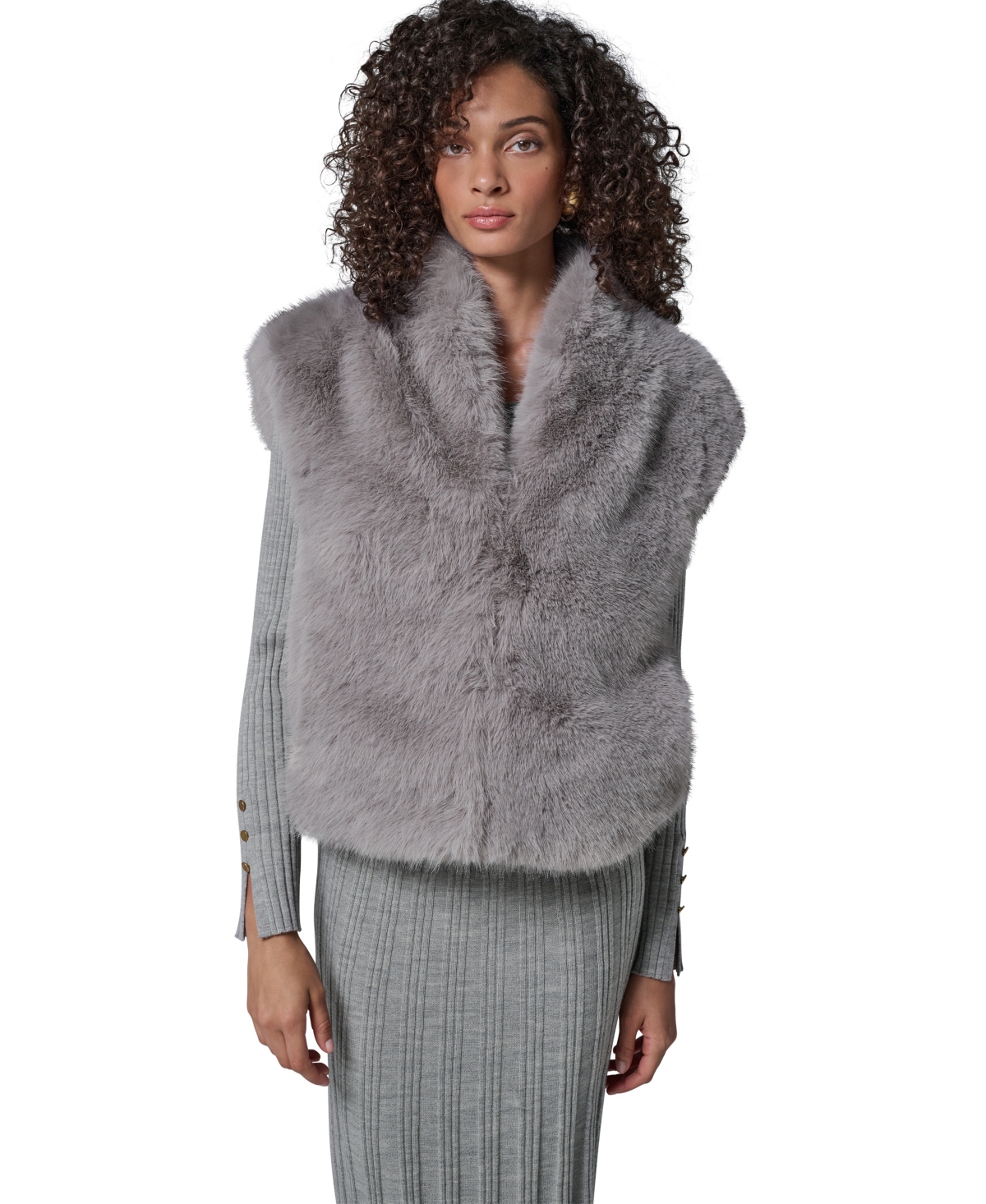 Donna Karan New York Women's Faux Fur Sleeveless Lined Vest Jacket - Dove Grey