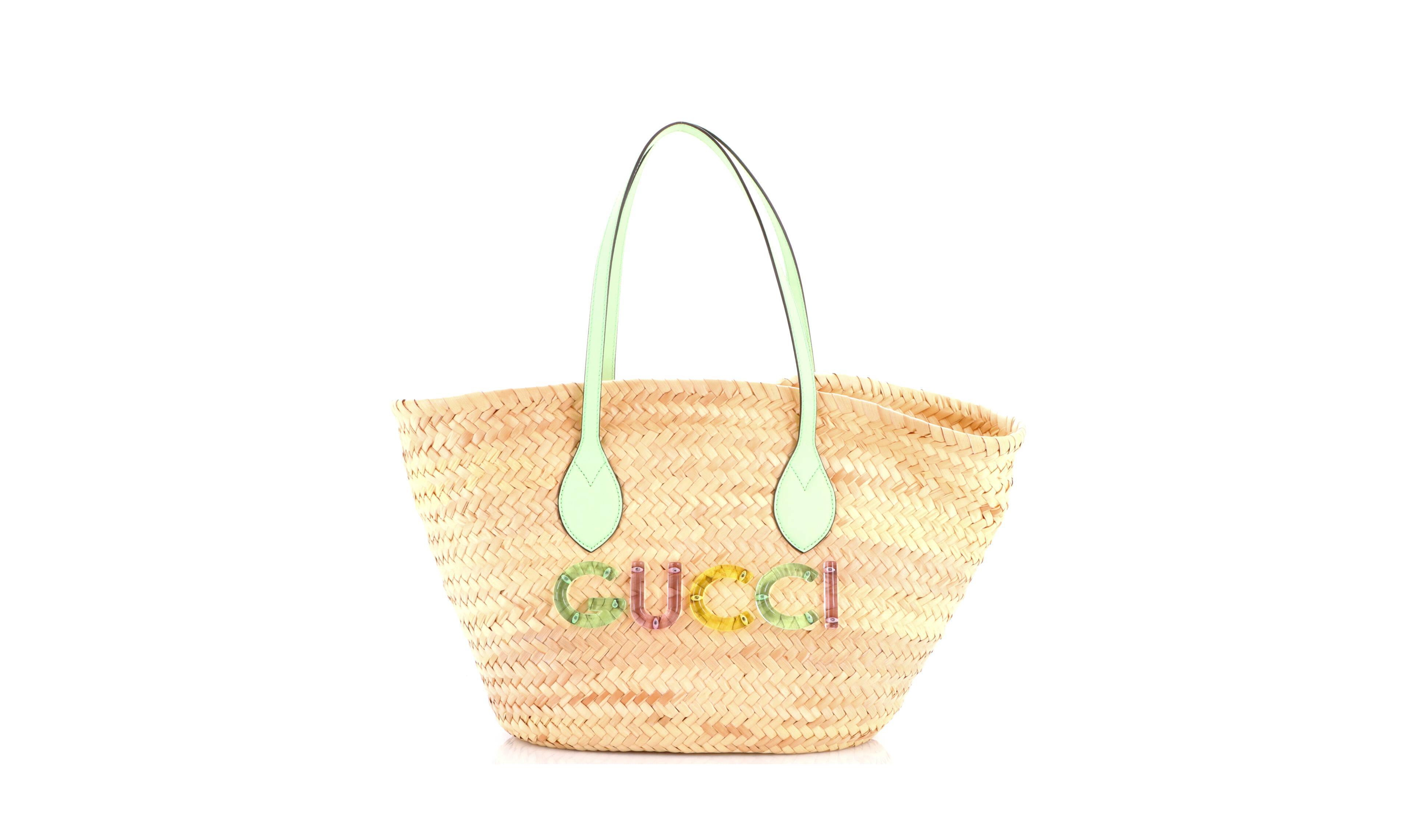 Pre-Owned Gucci Small Logo Open Tote Woven Raffia