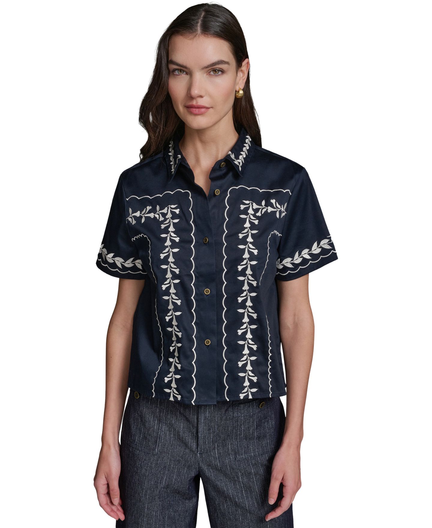 Женская рубашка KARL LAGERFELD PARIS Short-Sleeve Embroidery, цвет: Тёмно-синий — фото 1