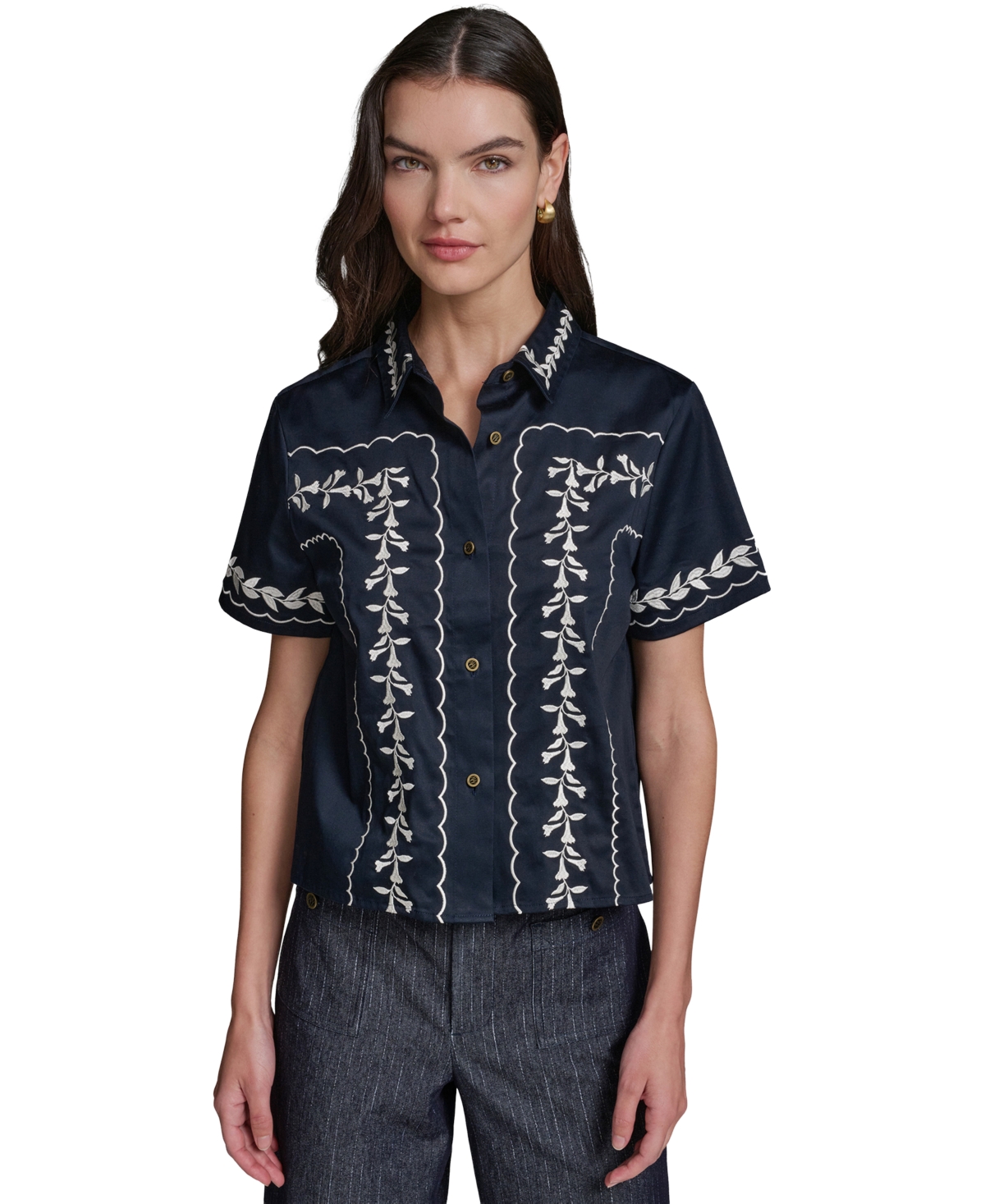 Karl Lagerfeld Paris Women's Short-Sleeve Embroidery Shirt