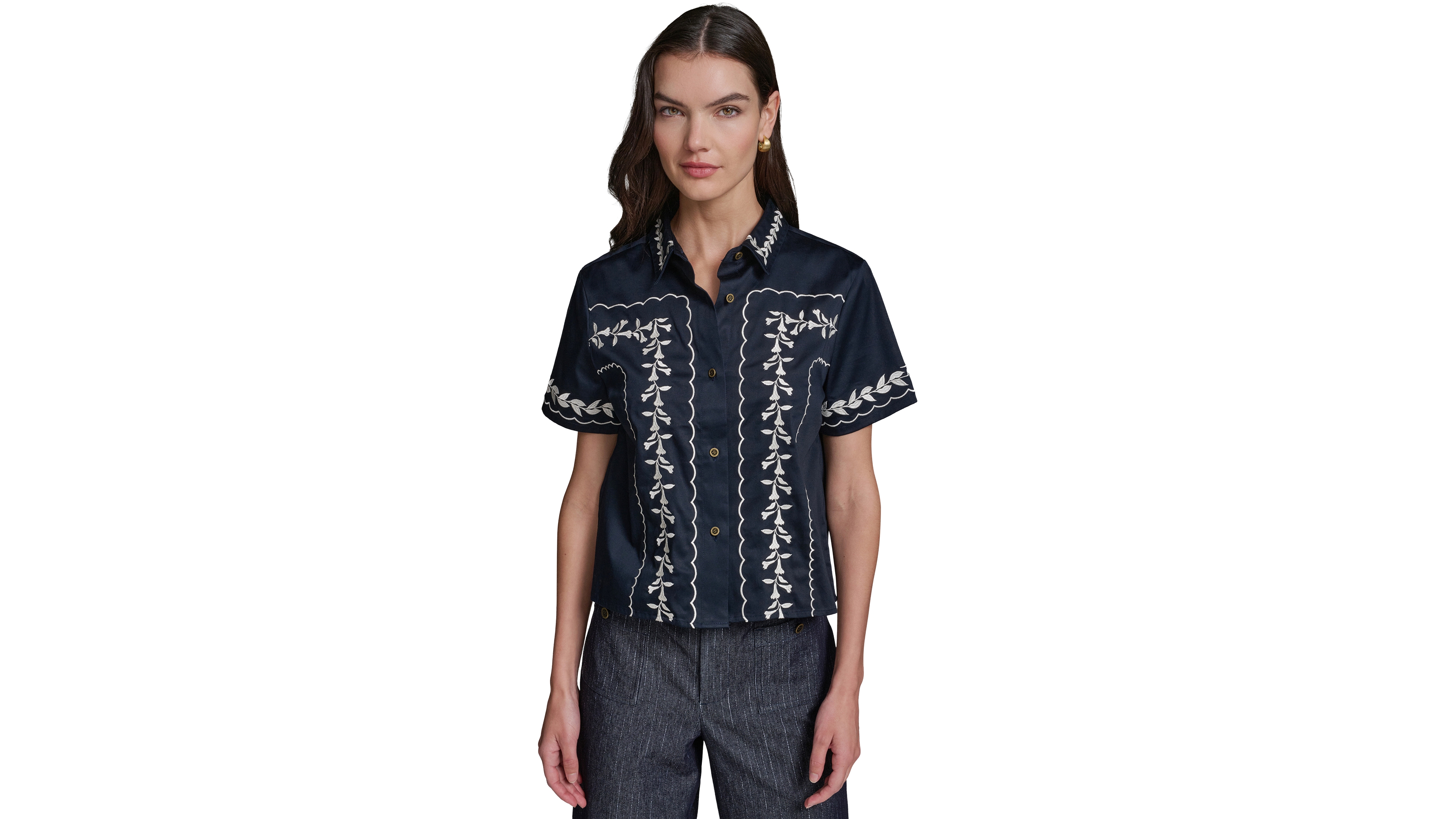 Karl Lagerfeld Paris Women's Short-Sleeve Embroidery Shirt