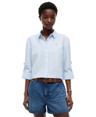 Women's Cropped Collared Roll-Tab Cotton Shirt