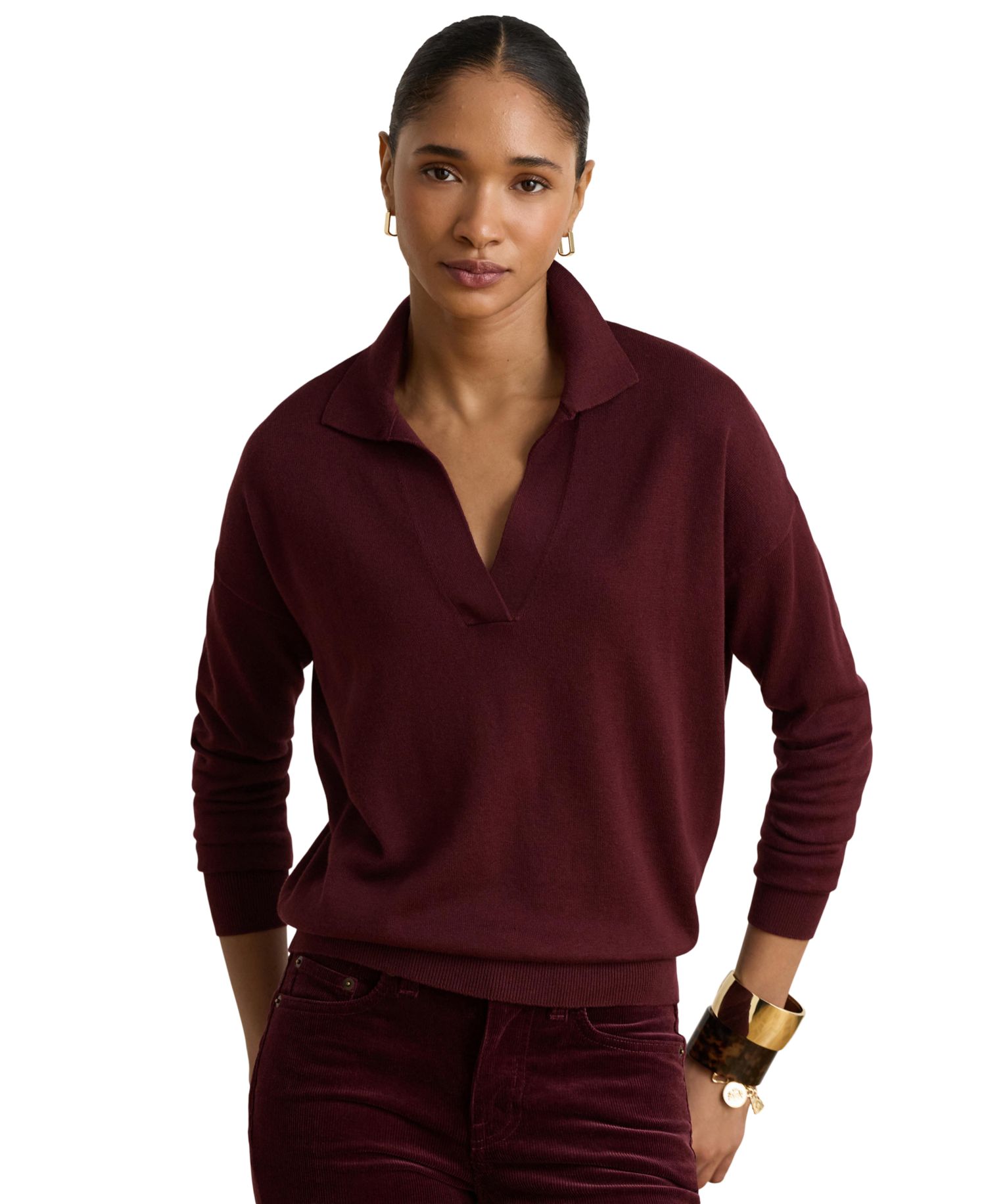 Women's Polo V-Neck Long-Sleeve Sweater