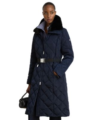 Women's Belted Quilt with Fur Collar Coat