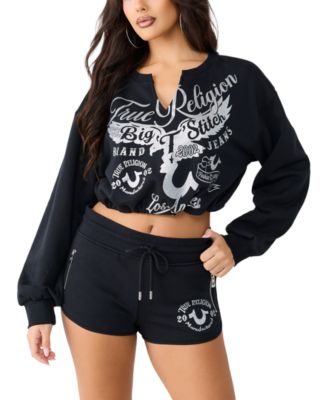 Women's V-Notch Pullover Cropped Long-Sleeve Print Top