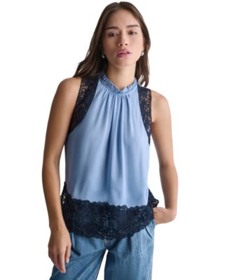 Women's High-Neck Sleeveless Lace Combo Woven Top
