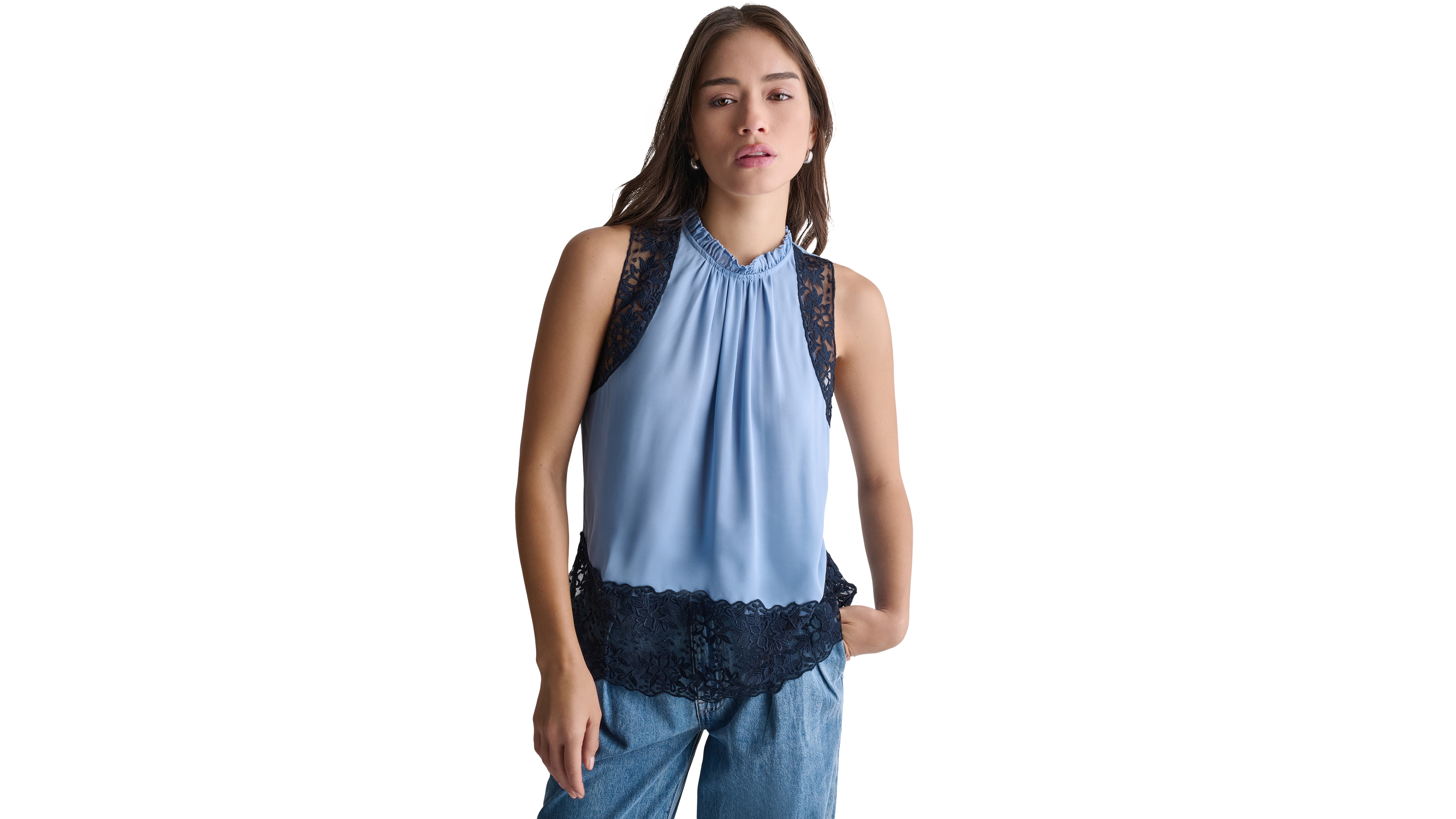 Bcbg Women's High-Neck Sleeveless Lace Combo Woven Top