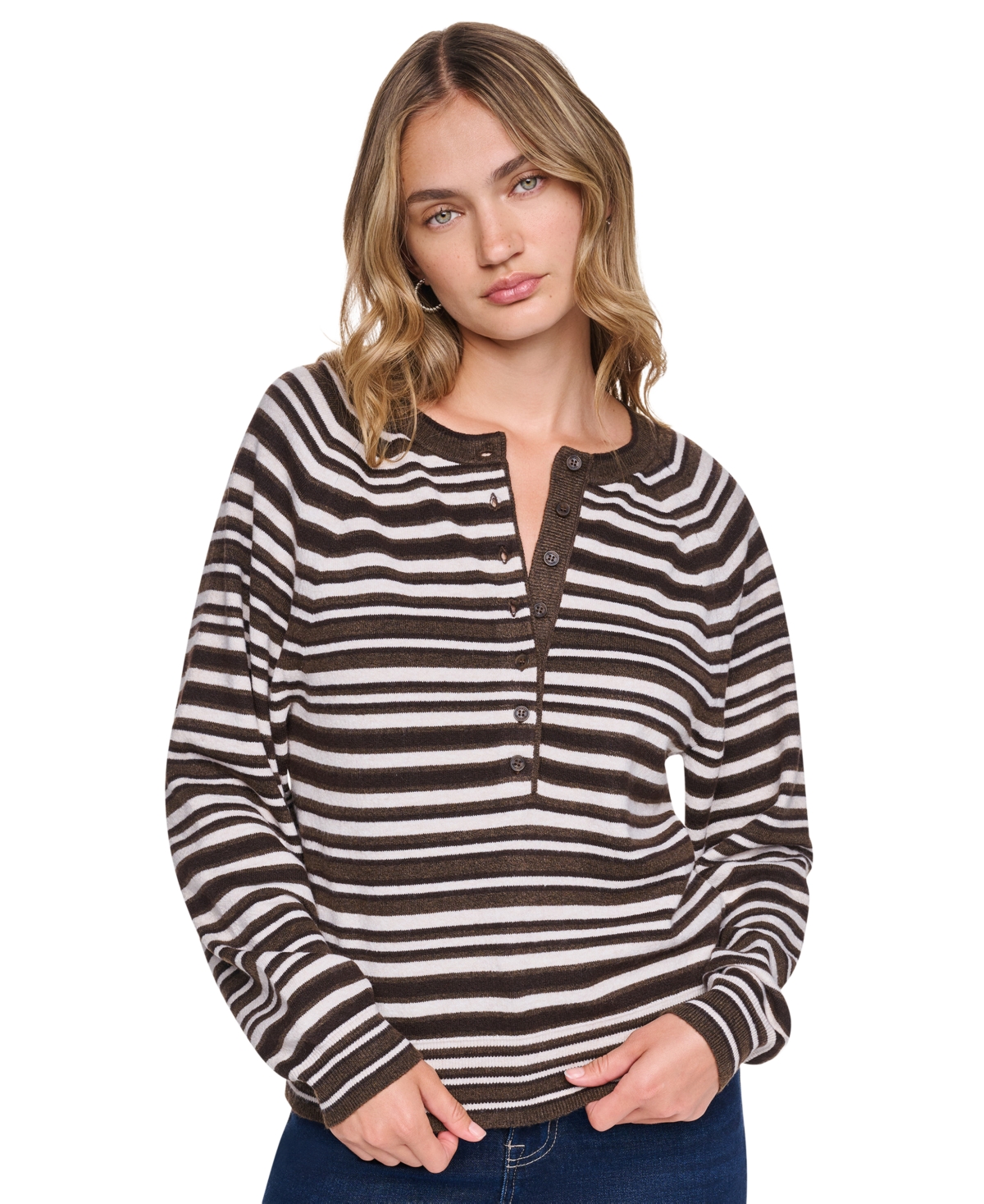 Dkny Jeans Women's Striped Long-Sleeve Henley Sweater - Caramel Heather Combo