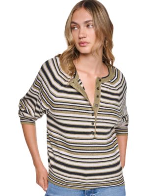 Women's Striped Raglan Crew Neck Long-Sleeve Henley Sweater