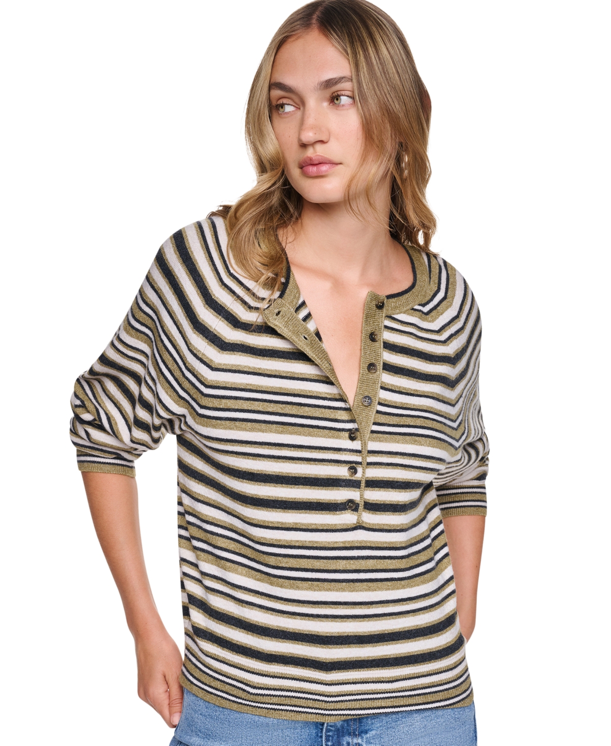Dkny Jeans Women's Striped Long-Sleeve Henley Sweater