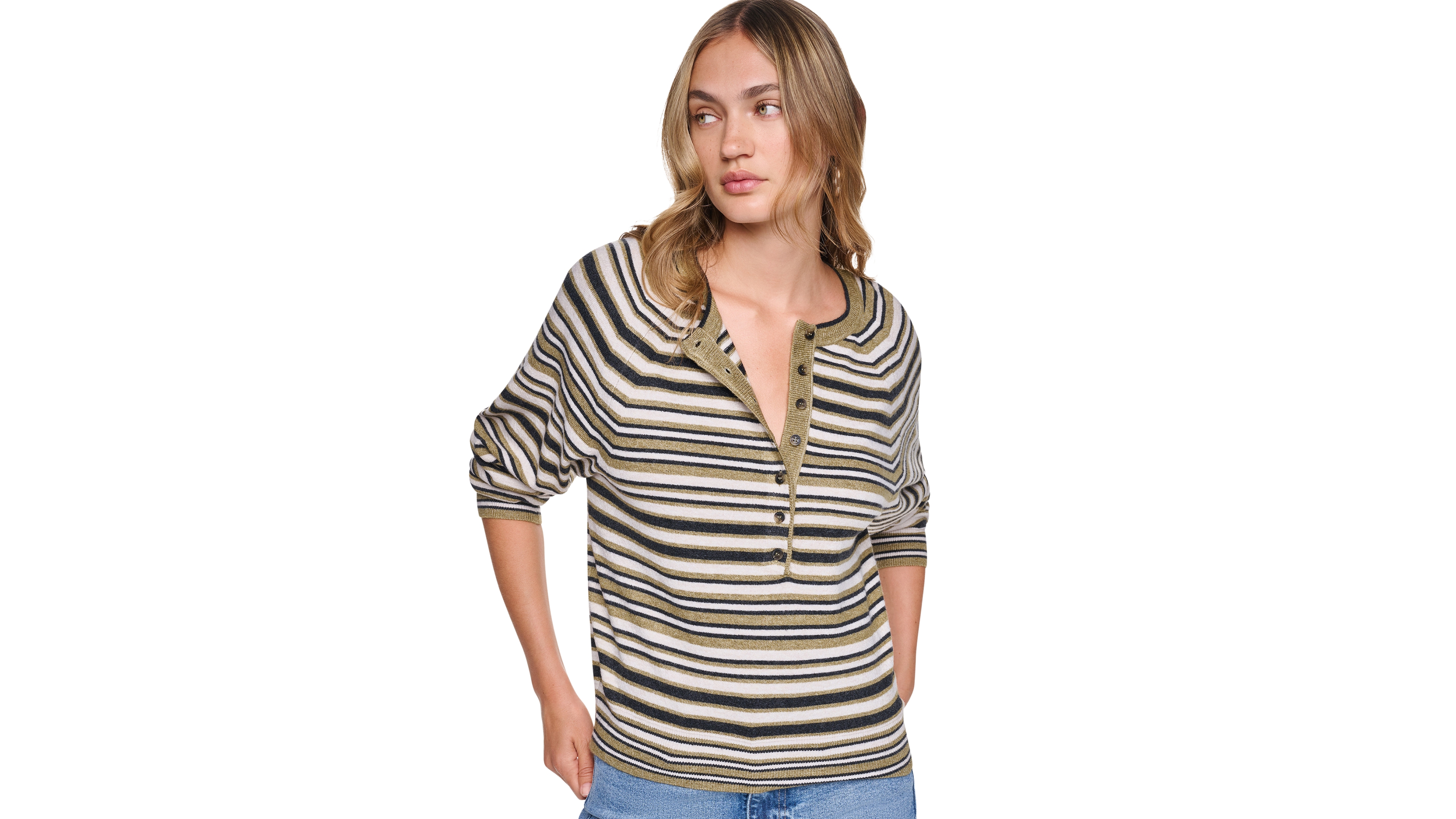 Dkny Jeans Women's Striped Long-Sleeve Henley Sweater
