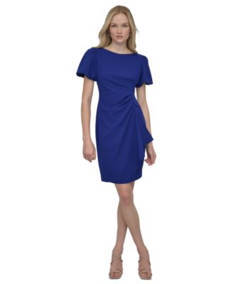 Women's Bubble-Sleeve Scuba Crepe Ruched Sheath Dress