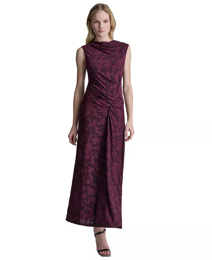 Women's Sleeveless Cowl Neck Ruched Midi Dress