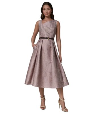 Women's Jacquard Asymmetrical Neck Fit & Flare Dress with Belt