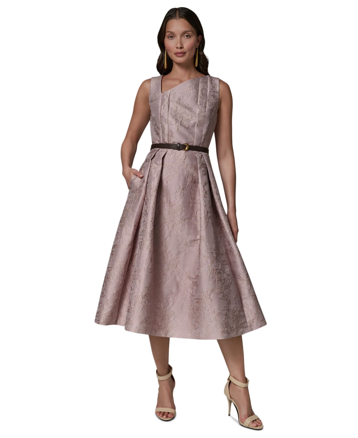 Women's Jacquard Asymmetrical Neck Fit & Flare Dress with Belt