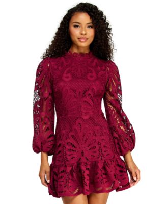 Juniors' Embroidered Lace Dress with Long-Sleeve and Scallop-Hem