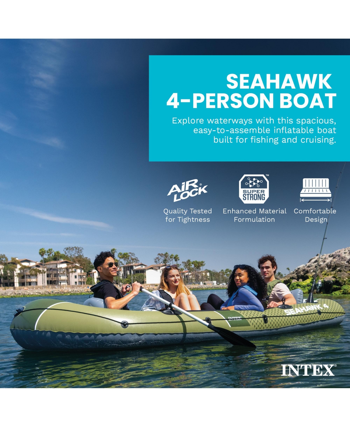 Intex 66334EP Seahawk 4 Inflatable Boat Set with 54" Oars, Pump, and Rod Holders