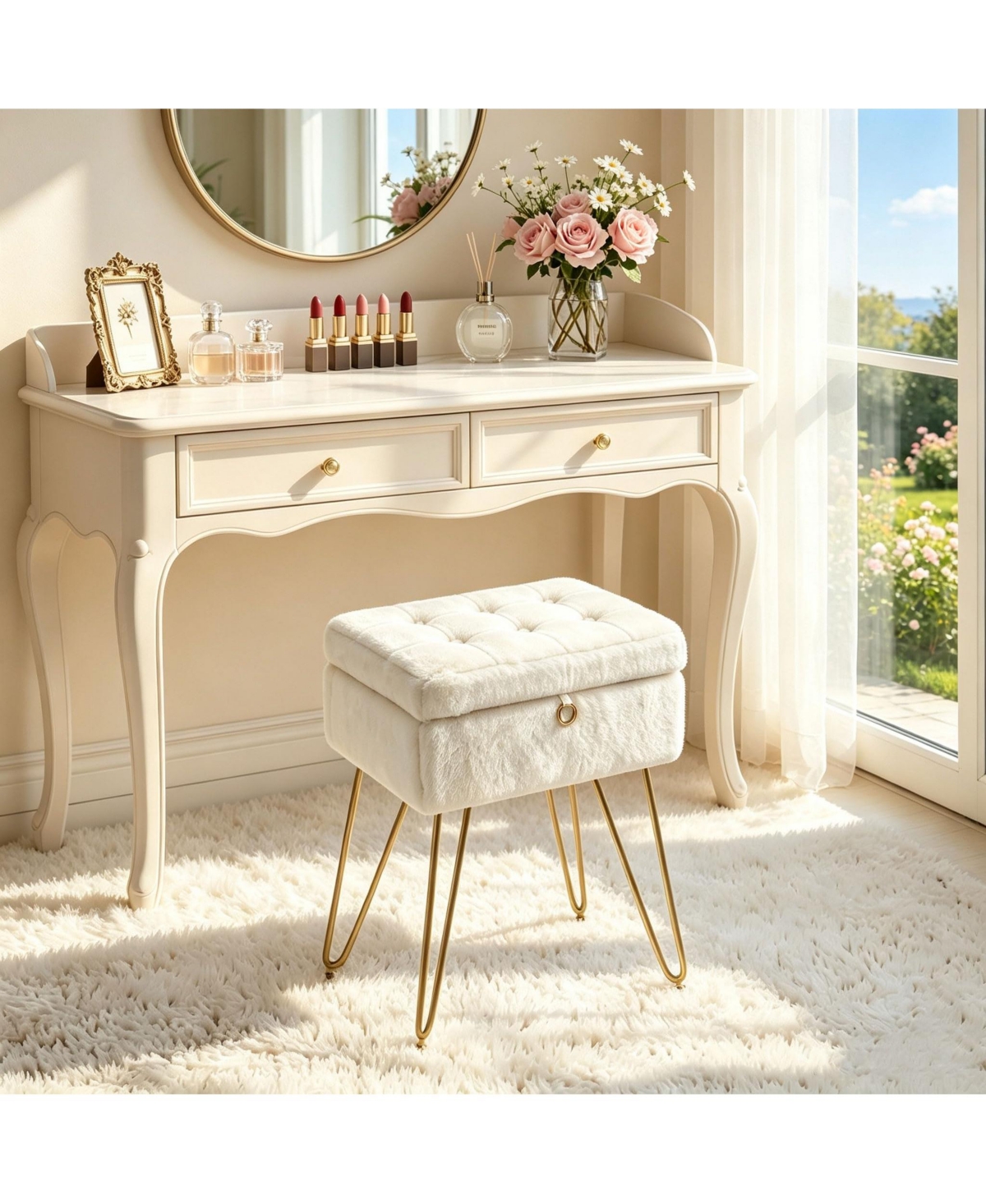 Vanity Stool Chair with Storage,Vanity Bench,Faux Fur, Modern Cute Small Footrest,Soft Ottoman,Metal Legs,Adjustable Feet, for Living Room,Bedroom - W
