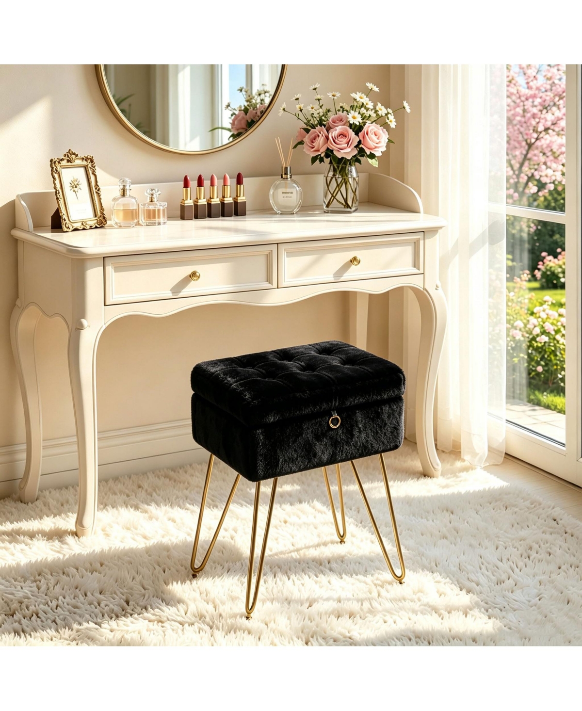 Vanity Stool Chair with Storage,Vanity Bench,Faux Fur, Modern Cute Small Footrest,Soft Ottoman,Metal Legs,Adjustable Feet, for Living Room,Bedroom