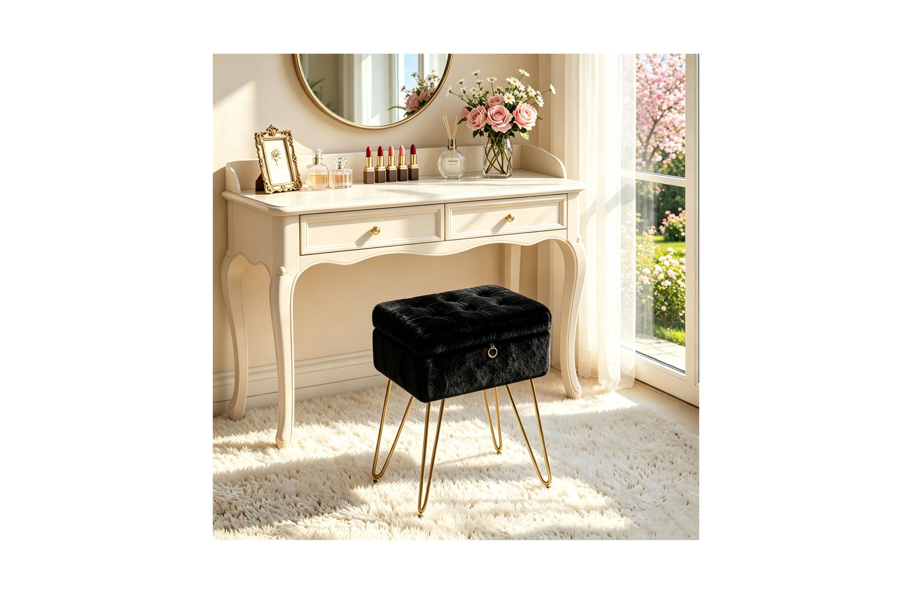 Vanity Stool Chair with Storage,Vanity Bench,Faux Fur, Modern Cute Small Footrest,Soft Ottoman,Metal Legs,Adjustable Feet, for Living Room,Bedroom