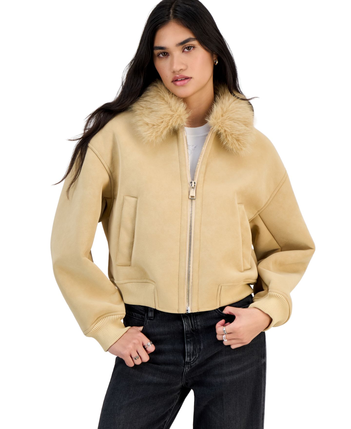 Женская куртка GUESS Delores Faux Shearling Long-Sleeve Bomber, цвет: Жёлтый — фото 1