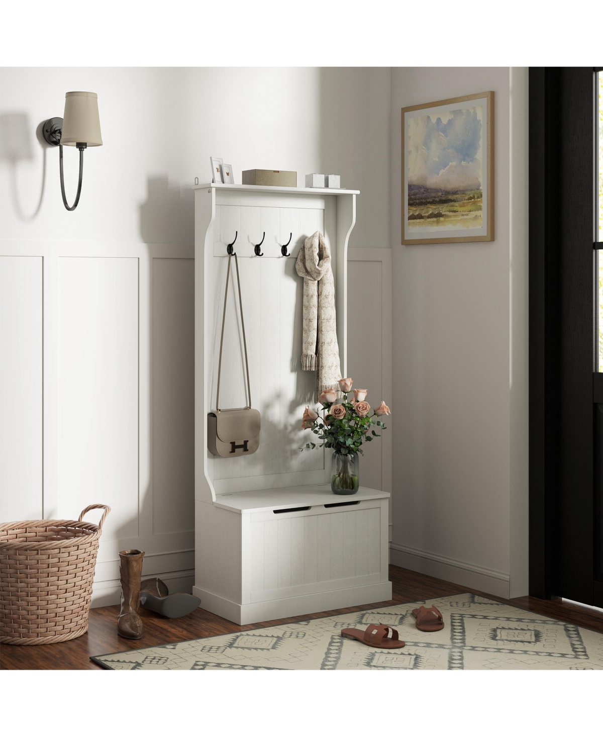 Slickblue Entryway Hall Tree with Shoe Bench, Coat Hooks and Hidden Storage