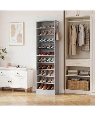 10-Tiers Tall Shoe Cabinet with Hooks, Entryway Shoe Storage Organizer