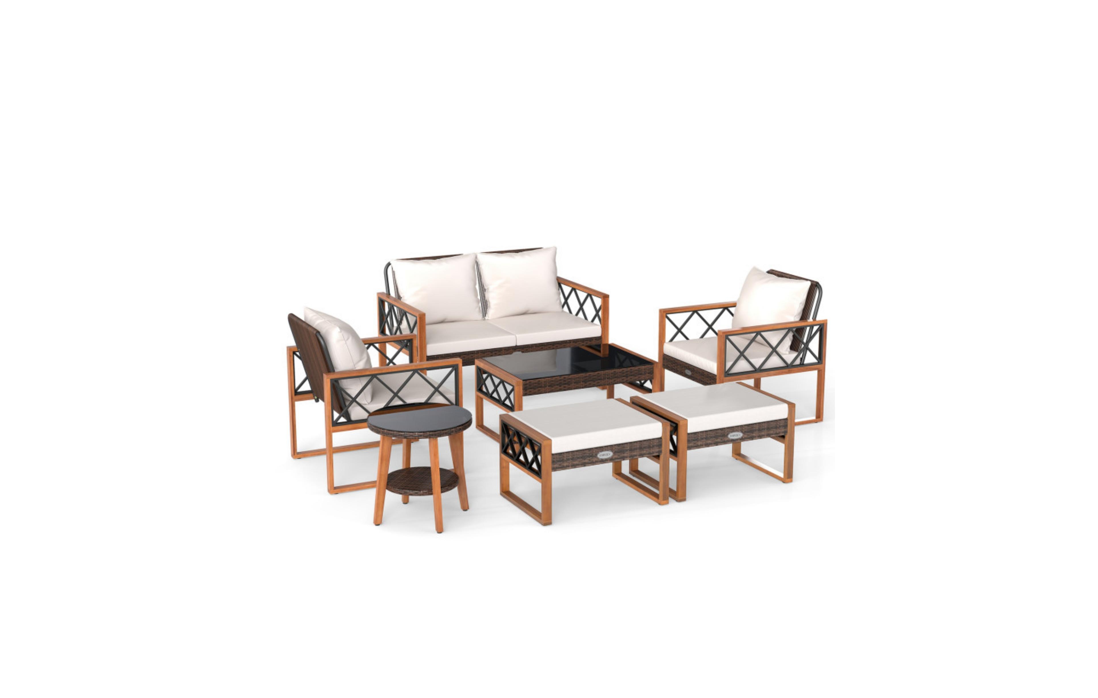 Clihome 7 Pieces Patio Furniture Set Pe Wicker Acacia Wood Outdoor Conversation Set