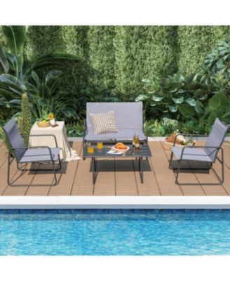 4 Pieces of Metal Patio Furniture Chat Set with Tempered Glass Coffee Table