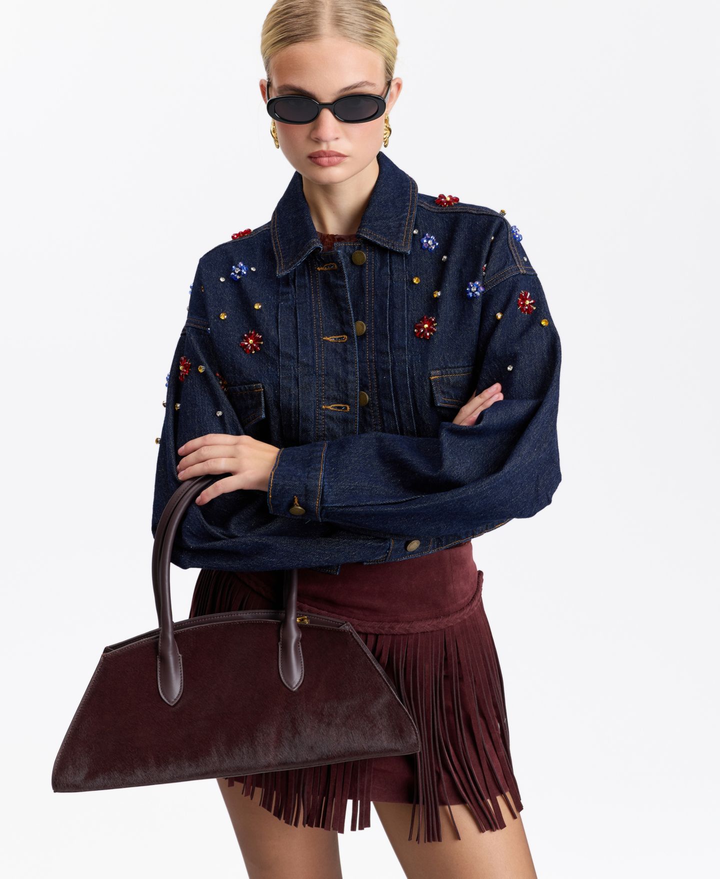 Женский пиджак Avec Les Filles Gem-Embellished Cropped Denim Blazer, цвет: Разноцветный — фото 4
