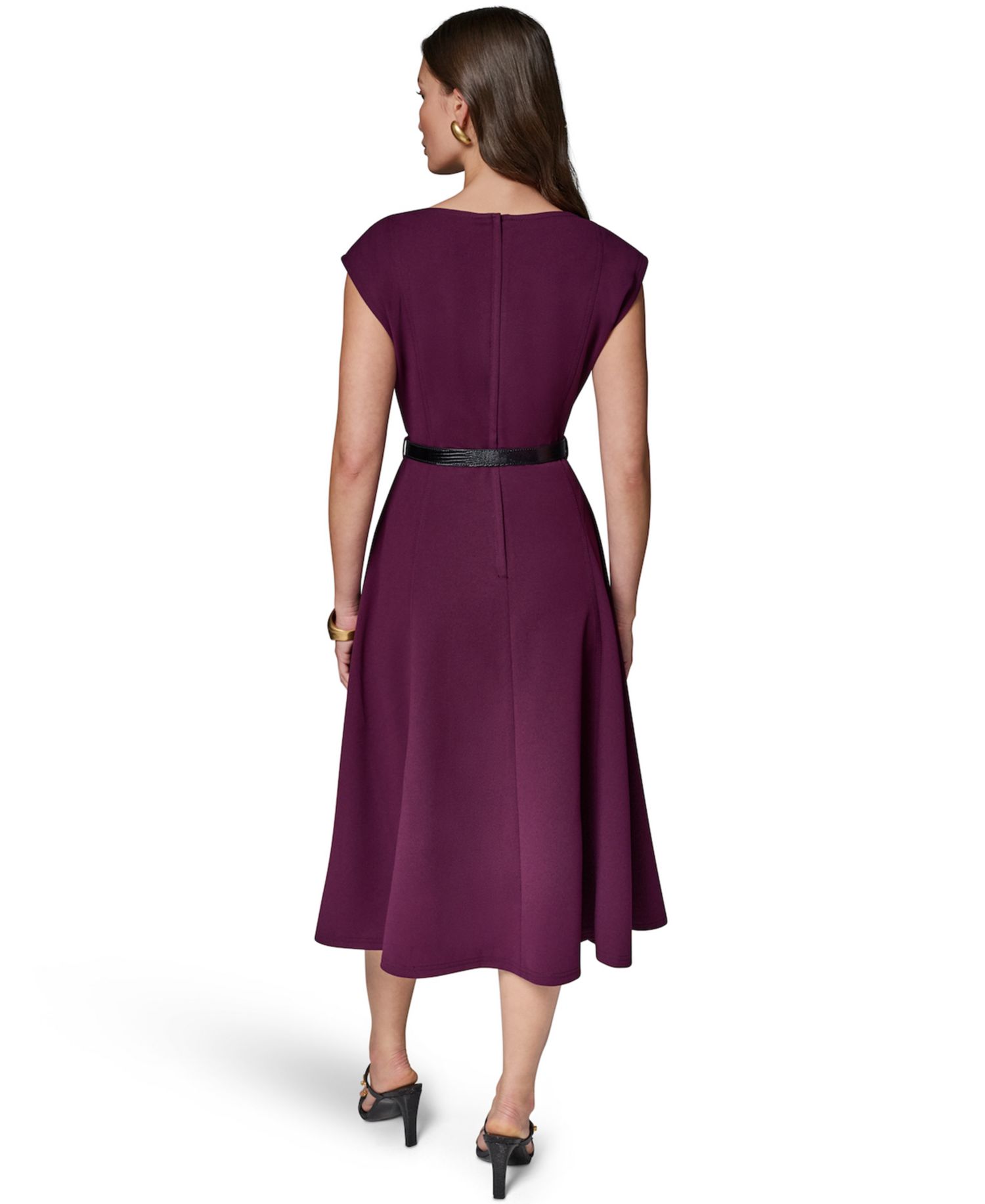 Women's Cap-Sleeve Boat-Neck Belted A-Line Dress