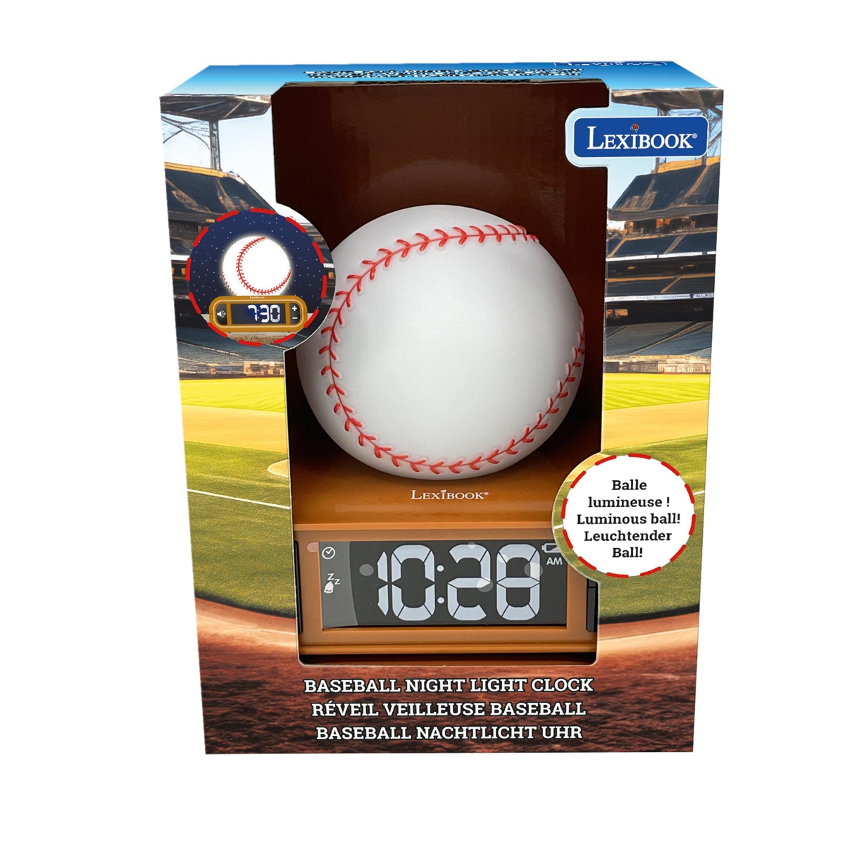 Lexibook , Baseball, Baseball Nightlight Alarm Clock, Sounds and Melodies, Lcd Backlit screen, Luminous, Snooze, RL800BL