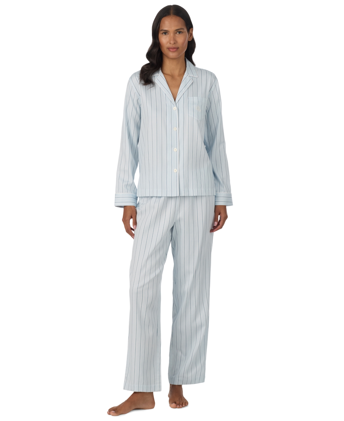 Lauren Ralph Lauren Women's Long-Sleeve Notch Collar Top and Pants, 2-Piece Set - Blue Stripe
