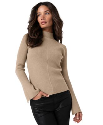 Petite Mock Turtleneck Long Flare Sleeves Ribbed Sweater