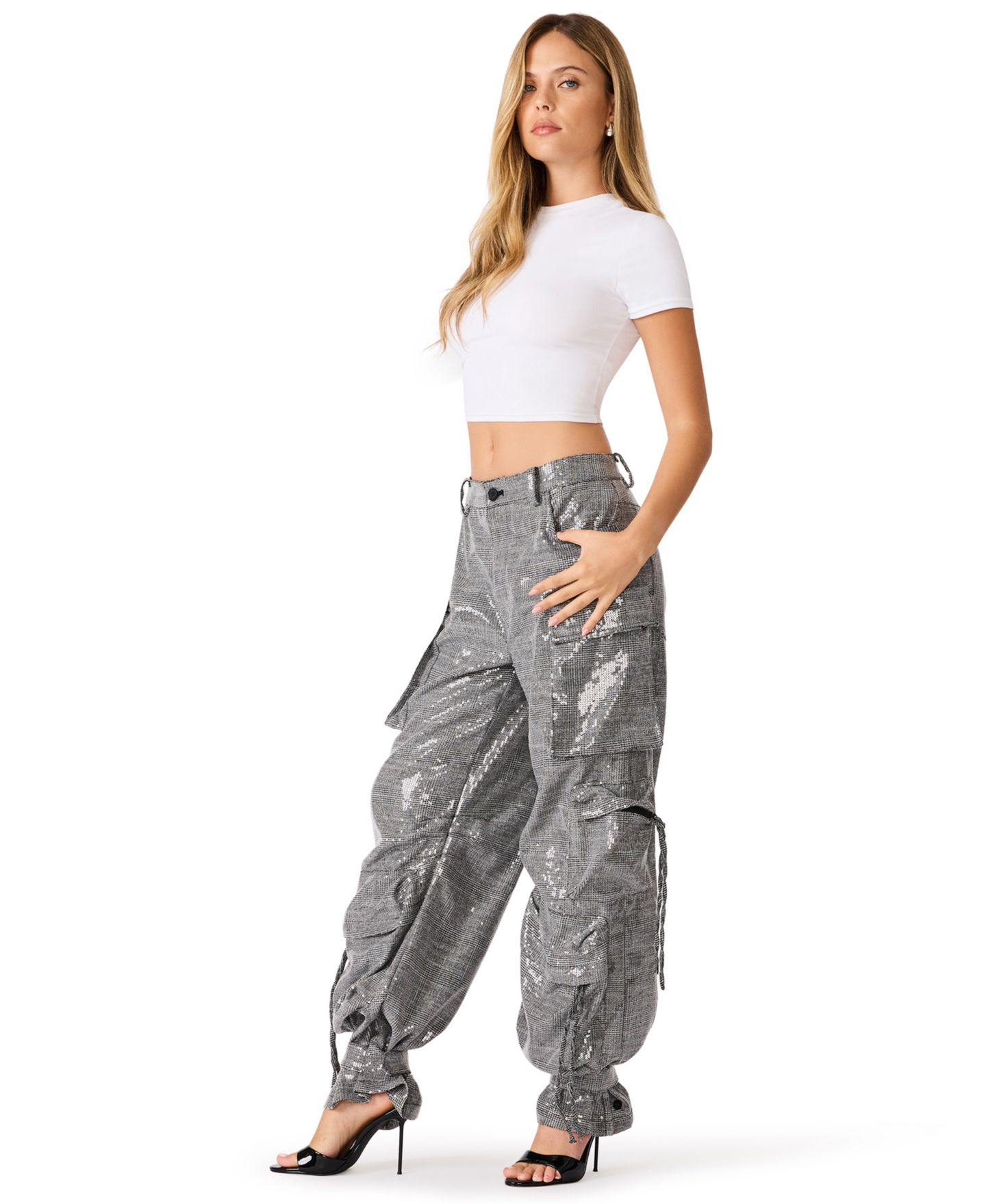 Женские брюки Steve Madden Duo Sequin Wide-Leg Cargo, цвет: Клетчатый — фото 3