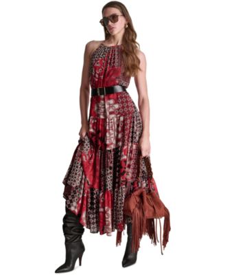 Women's Patchwork Chiffon Halter Maxi Dress with Tiered Skirt