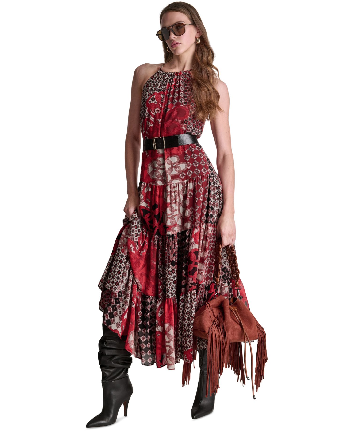 Women's Patchwork Chiffon Halter Maxi Dress with Tiered Skirt