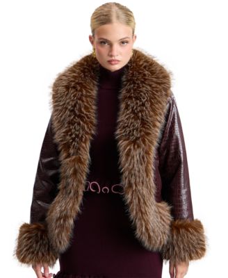 Women's Cocoon Shawl Collar Faux Fur Trim Short Jacket